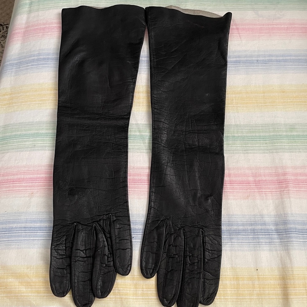 Vintage Black Leather Long Gloves Made in France size 6